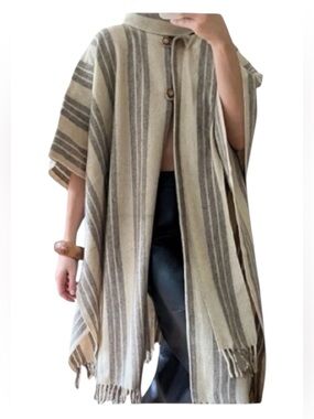Vintage Wool Striped Fringe Blanket Cape Poncho Coat One Size Boho Wrap